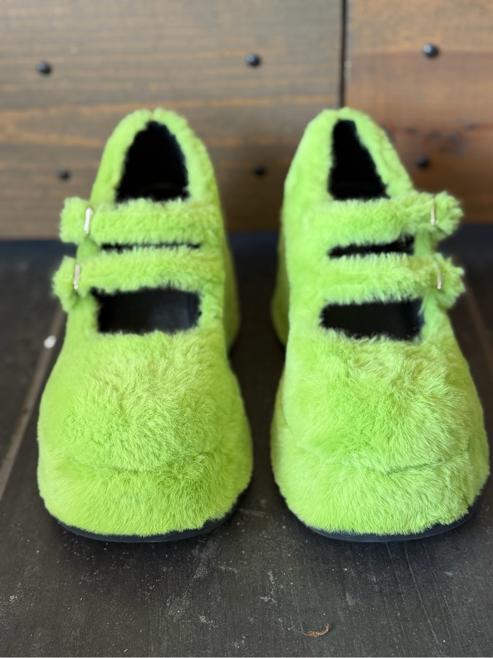 dELiA*s Fuzzy Mary Jane Slippers in Lime Green